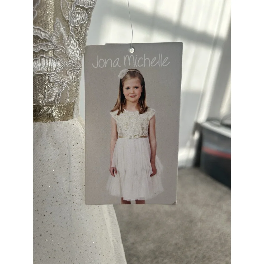 New Jona Michelle‎ Girls Floral Appliqué Metallic  Ruffle Dress size 8 Ivory